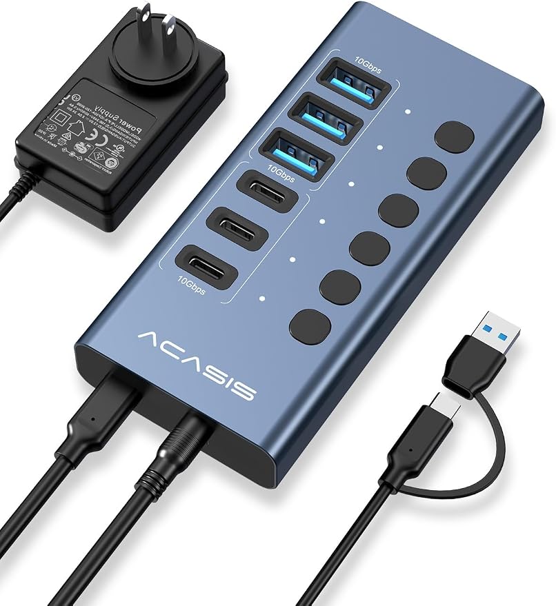Powered USB 3.2 Hub, ACASIS 6 Ports USB 3.2 Hub(3 USB-A 3.2 Ports + 3 USB-C 3.2 Ports), Aluminum USB Hub Powered with 48W Power Adapter, USB Hub for PC/Laptop, Computer, Flash Drive, Printer, Camera