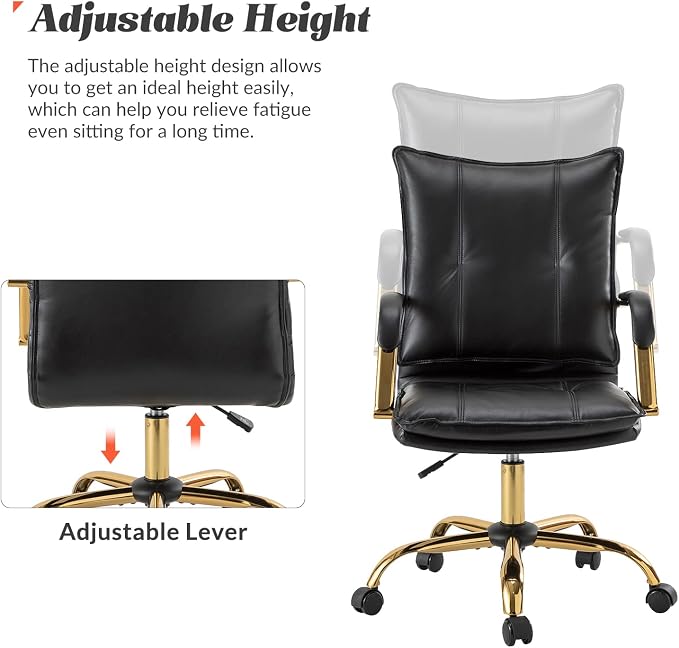 HULALA HOME Faux Leather Home Office Desk Chair, Adjustable Swivel Computer Chair with Golden Legs and Arms, Comfy Upholstered Task Chair, Black