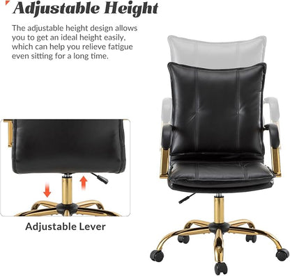 HULALA HOME Faux Leather Home Office Desk Chair, Adjustable Swivel Computer Chair with Golden Legs and Arms, Comfy Upholstered Task Chair, Black
