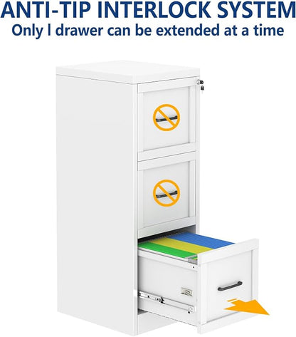Ckzbx 3 Drawer File Cabinet with Lock, Narrow Vertical Filing Cabinet, Under Desk File Cabinets,White Metal File Cabinets for Home Office,Fit Letter/A4/Legal Size File