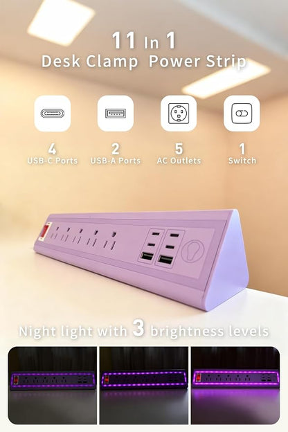 Desk Clamp Power Strip with Nightlight, 40W Fast Charging, 6FT Extension Cord, 4x20W USB-C & 2 USB Ports, 5 AC Outlets, Fits 1.69-Inch Table Edges