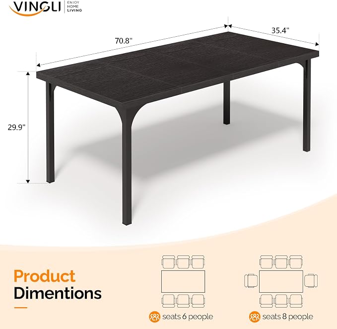 VINGLI Large Dining Table for 8, 70.8in Long Kitchen Table, Rectangular Dinner Table for Dining Room, Farmhouse Wood Kitchen Table for Family Home Office, Black