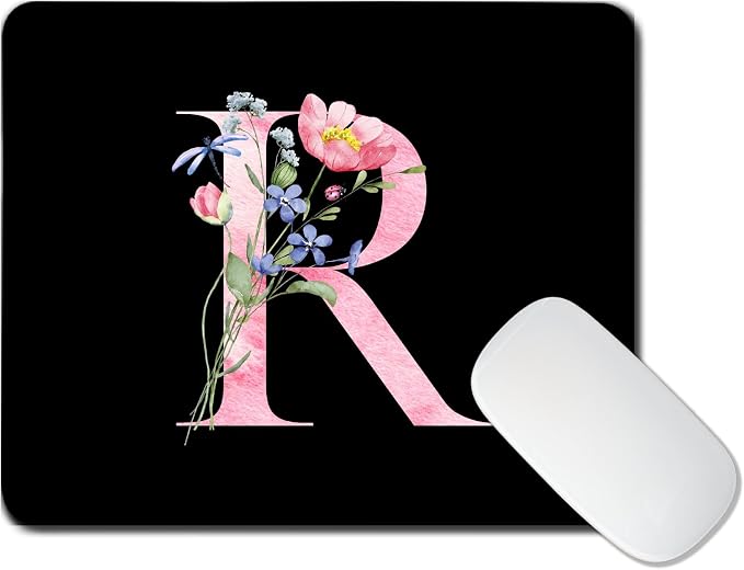 Mouse Pad Pinks Flowers Initial Letters Mousepad Desktop Laptop Computer Accessories Home Office Gaming Work Desk Computer Non-Slip Rubber Monogram Floral Alphabet A-Z mousepad (R)