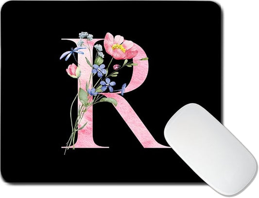 Mouse Pad Pinks Flowers Initial Letters Mousepad Desktop Laptop Computer Accessories Home Office Gaming Work Desk Computer Non-Slip Rubber Monogram Floral Alphabet A-Z mousepad (R)