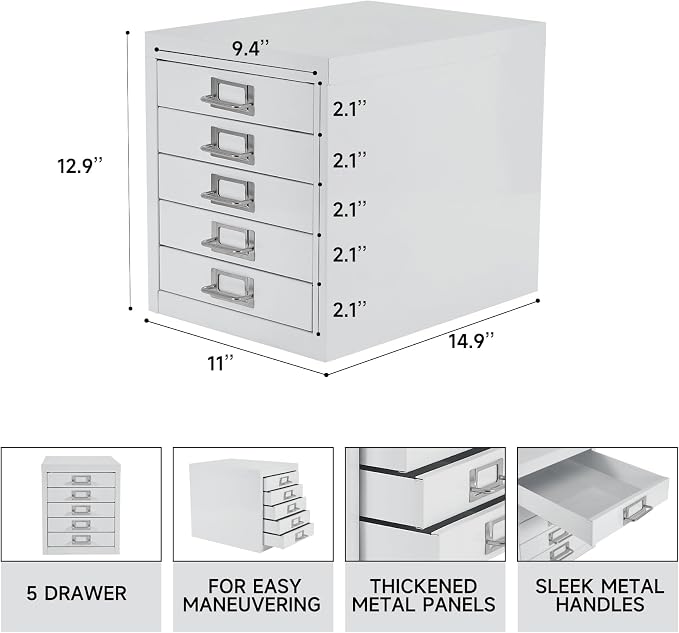 Office Storage Cabinet - File Cabinet Mini 5 Tier Metal File Organizer Document Organizer, for Home, Office, Desk (White)