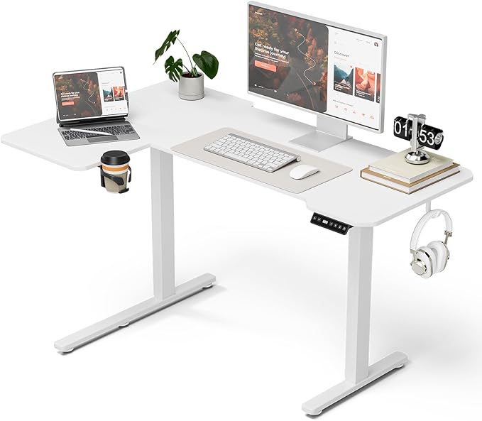 Acrolix L Shaped Electric Standing Desk - 51x31.5 Inch Reversible Corner Sit Stand Desk with Hook&Cup Holder,Electric Height Adjustable Table,for Small Home Office&Bedroom Computer Desk, White