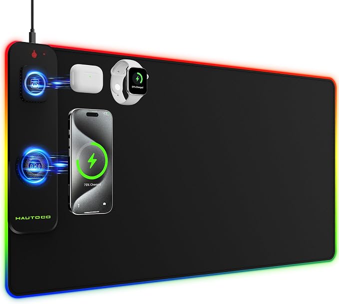 HAUTOCO RGB Gaming Mouse Pad with 15W Wireless Charging, 15 Light Modes, XXL Large Desk Mat 31.5"x15.75", Waterproof Ultra-Smooth Surface, Non-Slip Base, Computer Keyboard Mat for PC Laptop Office