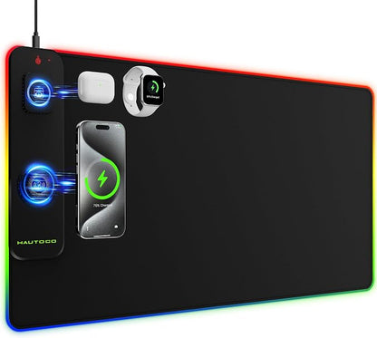 HAUTOCO RGB Gaming Mouse Pad with 15W Wireless Charging, 15 Light Modes, XXL Large Desk Mat 31.5"x15.75", Waterproof Ultra-Smooth Surface, Non-Slip Base, Computer Keyboard Mat for PC Laptop Office