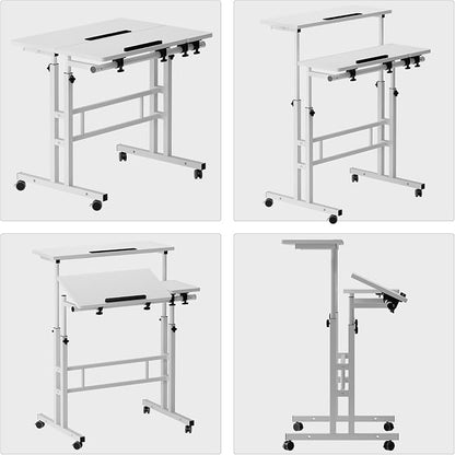 soges 31.5-inch Mobile Laptop Sit-Stand Desk, Height Adjustable Standing Tiltable Top Desk, Stand Up Computer Desk for Home Office, Small Rolling Desk for Small Space, White