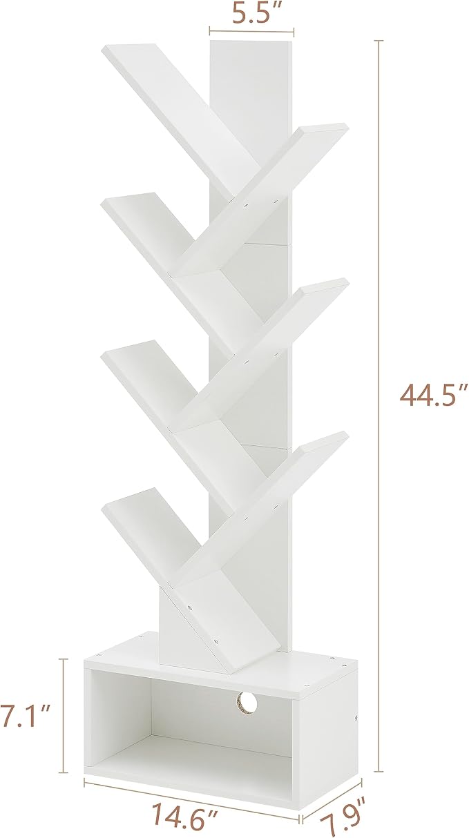 Hoctieon 6 Tier Tree Bookshelf, Tall Bookcase with Drawer, Freestanding Book Shelf, Display Floor Standing Storage Shelf, Book Organizer Shelves for Home Office, Living Room, Bedroom, White