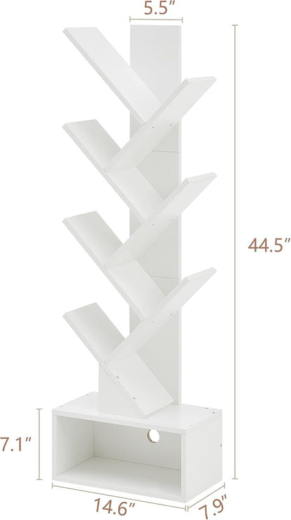 Hoctieon 6 Tier Tree Bookshelf, Tall Bookcase with Drawer, Freestanding Book Shelf, Display Floor Standing Storage Shelf, Book Organizer Shelves for Home Office, Living Room, Bedroom, White