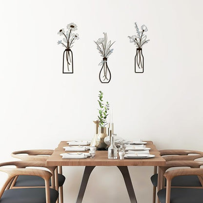 3 Pieces Metal Vase Flowers Wall Arts - Rustic Farmhouse Style Décor Metal Wall Art Black Minimalist Flower Natural Themed Wall Decors for Home Bedroom Dining Room Housewarming (Brown-Blue, Vase-C)