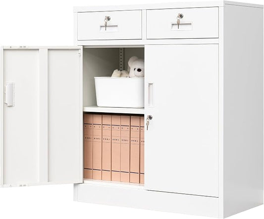 CMY Metal Storage Cabinet with 2 Drawers, 36" H Metal Cabinets with Adjustable Shelf, Locking Storage Cabinet for Office, Garage, Home-White