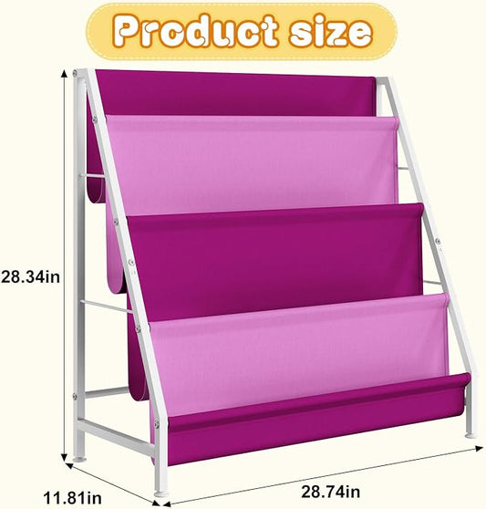 Aokitsink Kids Bookshelf for Kids Rooms, 4-Tier Montessori Bookshelf,Nursery Book Shelves,Pink Toddler Bookshelf, Metal Kid's Book Storage Organizer for Girls Room Furniture Playroom Kindergarten