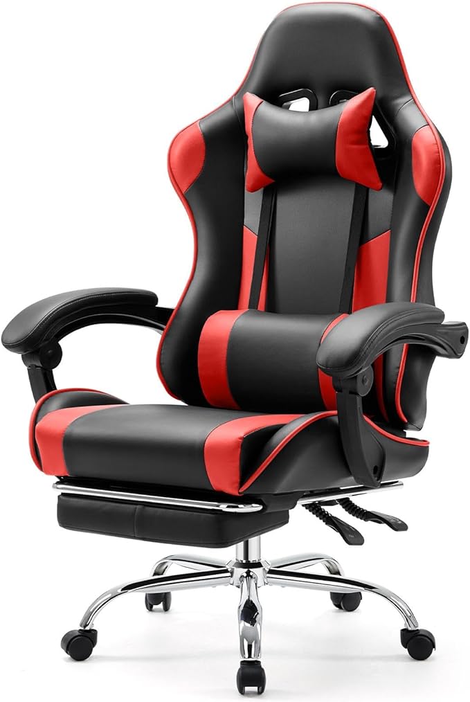 Sweetcrispy Computer Gaming Chair: Ergonomic High Back PU Leather Video Game Chair with Adjustable Headrest & Lumbar Support, Footrest, Racing for Office and Home, Red