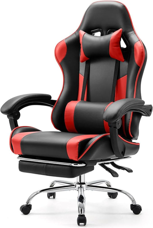 Sweetcrispy Computer Gaming Chair: Ergonomic High Back PU Leather Video Game Chair with Adjustable Headrest & Lumbar Support, Footrest, Racing for Office and Home, Red