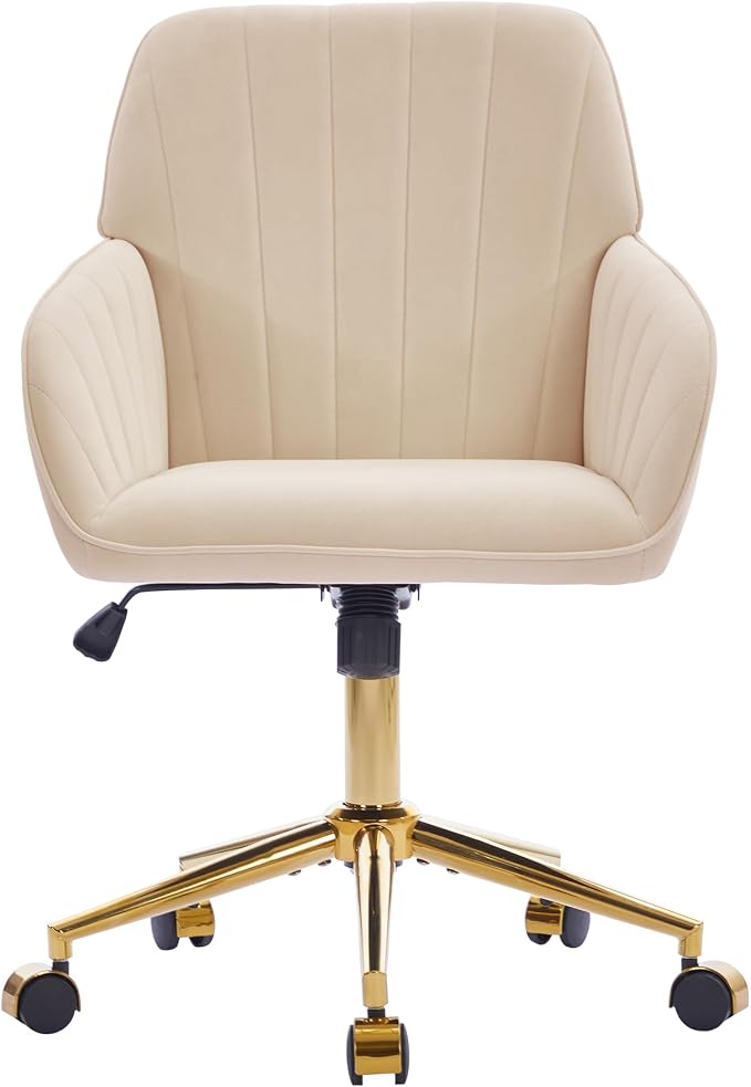 Velvet Home Office Desk Chair, Modern Cute Computer Task Chair with Back, Height Adjustable Upholstered Vanity Chair with Swivel Wheels for Women, Girls (Gold Base, Oatmeal
