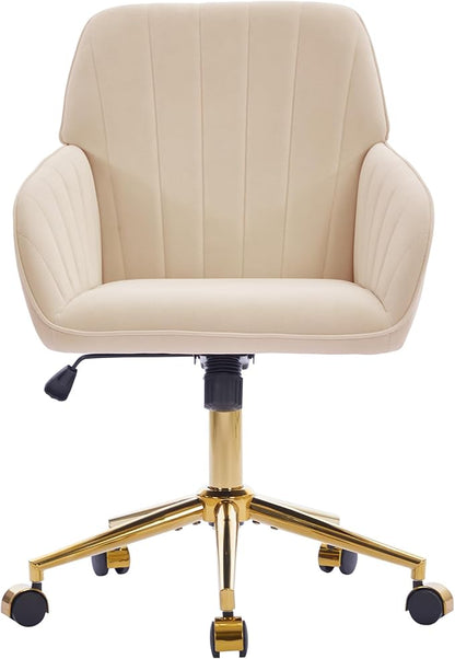 Velvet Home Office Desk Chair, Modern Cute Computer Task Chair with Back, Height Adjustable Upholstered Vanity Chair with Swivel Wheels for Women, Girls (Gold Base, Oatmeal