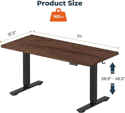 Electric Height Adjustable Standing Desk 71 x 31 Inch Home Office Computer Desk 2 Box Packaging with Memory Preset Cup Holder and Cable Management, Walnut