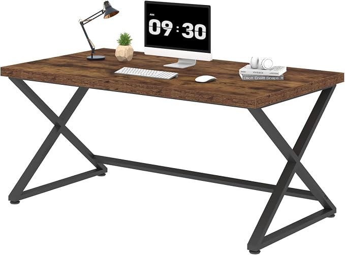 IBF 55 inch Computer Desk, Farmhouse Home Office Desk, Industrial Wood Metal Legs Work Desk for Writing Study, Vintage Minimalist Laptop Executive Workstation PC Gaming Table in Bedroom, Rustic Brown