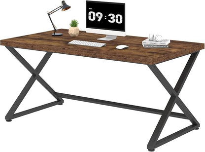 IBF 55 inch Computer Desk, Farmhouse Home Office Desk, Industrial Wood Metal Legs Work Desk for Writing Study, Vintage Minimalist Laptop Executive Workstation PC Gaming Table in Bedroom, Rustic Brown
