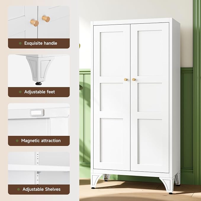 Letaya 47.3" H Metal Storage Cabinet with 2 Doors and 3 Shelves,Freestanding Bathroom Floor Cabinets,Kitchen Pantry Cabinets,Utility Pantry Organizers for Cupboard/Dining/Home Office/Garage,White