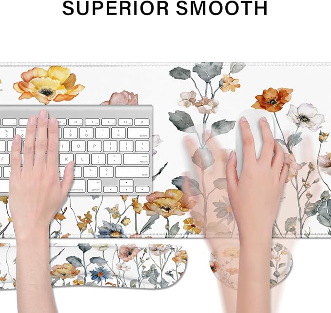 Desk Pad and Keyboard Wrist Rest, Large Mouse Pad + Keyboard Pad+Mouse Wrist Support, Non-Slip Desk Mat Protector for Office, Home 31.5×11.8 Inches Cute Floral