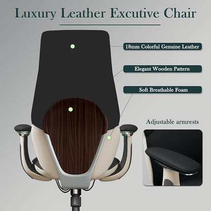 Ergonomic Genuine Leather Office Chair, Executive Chair with Tilt Adjustable High Back and Lumbar Support, 400lbs Weight Capacity Metal Base with 360° Flexible Wheels (New Black)