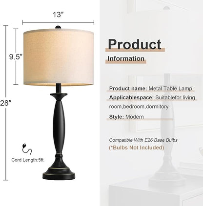 Oneach 28" Modern Table Lamps Set of 2 for Living Room, Black Metal Bedside Lamps with USB Ports, Nightstand Lamps Set for Bedroom End Table Home Office(Bulbs not Included)