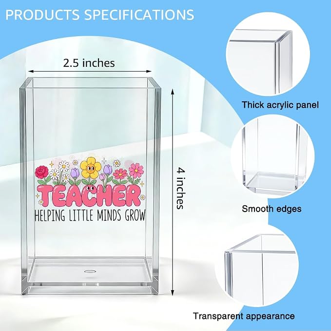 Teacher Helping Little Minds Grow Acrylic Organizer Pencil Pen Holder, Flower Acrylic Desk Organizer, Office Gifts for Teacher Educator Principal, Appreciation Thank You Gifts for Teachers