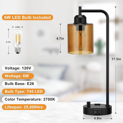 Innqoo Industrial Small Desk Lamp for Nightstand - Amber Clear Glass Shade Table Lamp with USB C Port, Fully Dimmable Black Bedside Lamp with USB Port and Outlet, Bedroom Lamp for Reading Office