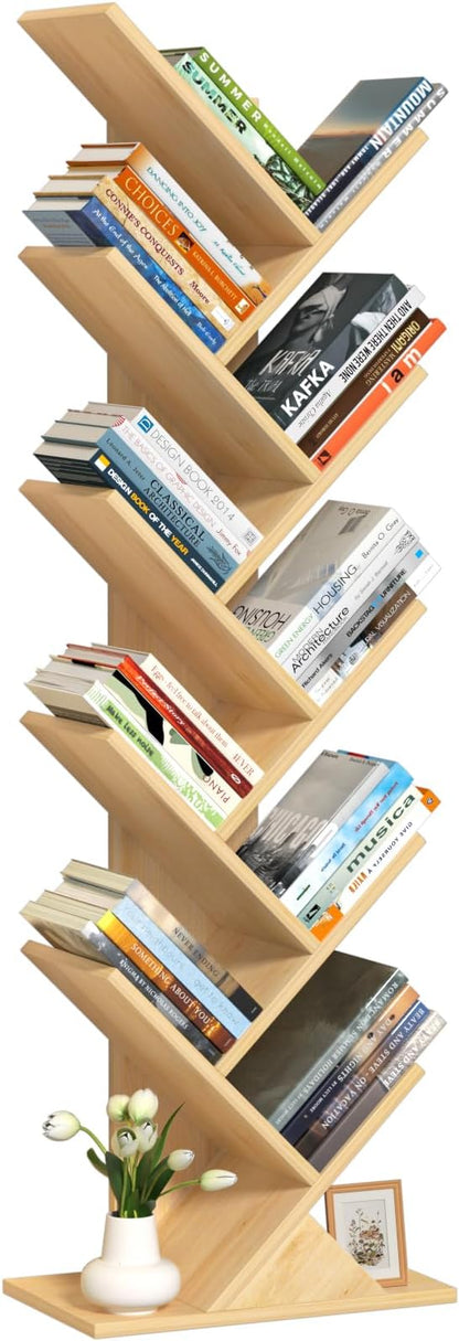 SHEEPAM 10 Tier Tree Book Shelf, Floor Standing Wood Bookshelf for Narrow Space, Storage Organizer Bookshelves for Books/CDs/Magazine, Bookcase with Shelves for Home Office, Living Room - Natural
