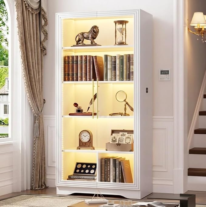Vlsrka LED Display Cabinet with Glass Doors, Modern Storage Cabinet with 5 Tier Adjustable Shelves, Human Sensor, for Collectibles, 65" Tall Bookcase for Home Office Living Room, White