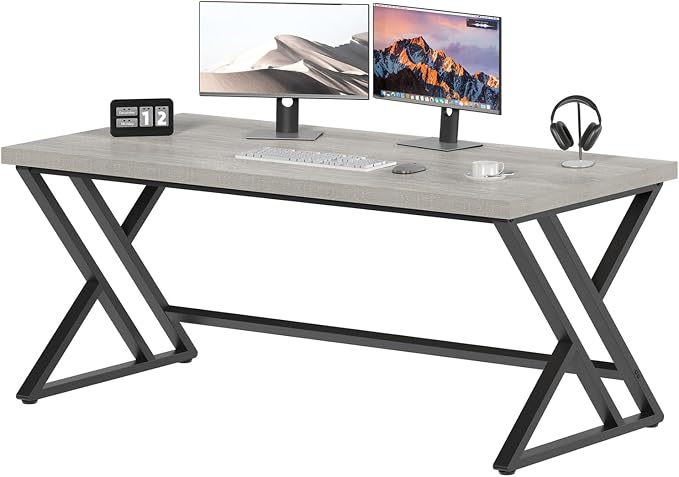 LVB 60 Inch Modern Grey Wood Metal Computer Desk, Home Office Executive Desk for Bedroom Gaming Study Writing Work, Industrial Simple Student PC Table with Storage