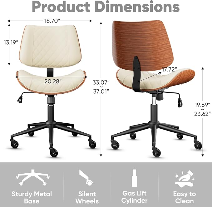 Home Office Desk Chair with Swivel Wheels, Mid-Century Modern PU Leather Armless Office Chair, Small Mid Back Computer Chair for Home Office, Meeting Room