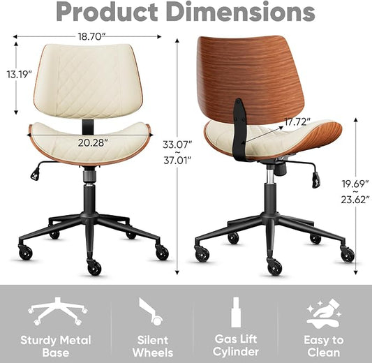 Home Office Desk Chair with Swivel Wheels, Mid-Century Modern PU Leather Armless Office Chair, Small Mid Back Computer Chair for Home Office, Meeting Room