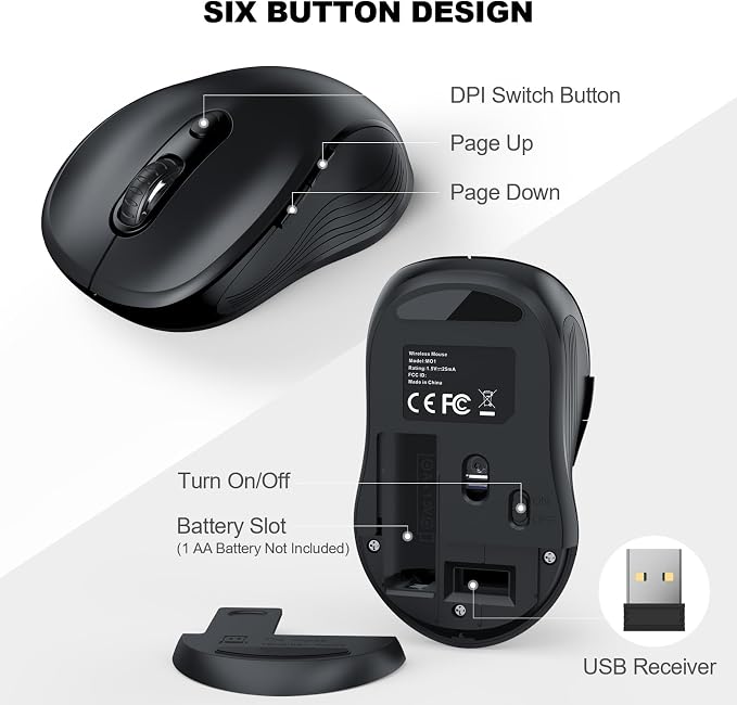 WisFox 2.4G Wireless Mouse for Laptop, Ergonomic Computer Mouse with USB Receiver and Type-C Adapter, 3 Adjustable Levels, 6 Button Cordless Wireless Mice for Windows Mac PC Notebook (Black)