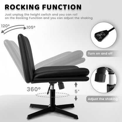 LEMBERI PU Leather Armless Office Desk Chair No Wheels,Criss Cross Legged Wide Padded Swivel Vanity Chair,120°Rocking Mid Back Ergonomic Computer Task Chair for Home, Make Up,Small Space,Black