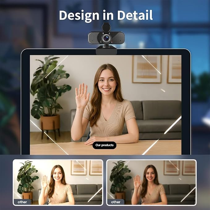 2K Webcam PC Webcam with Microphone and Physical Privacy Cover, Noise-Canceling Microphone, Auto Light Correction, Wide Angle, Plug and Play for Conferences/Online Classes/Live Streaming/Zoom/Teams