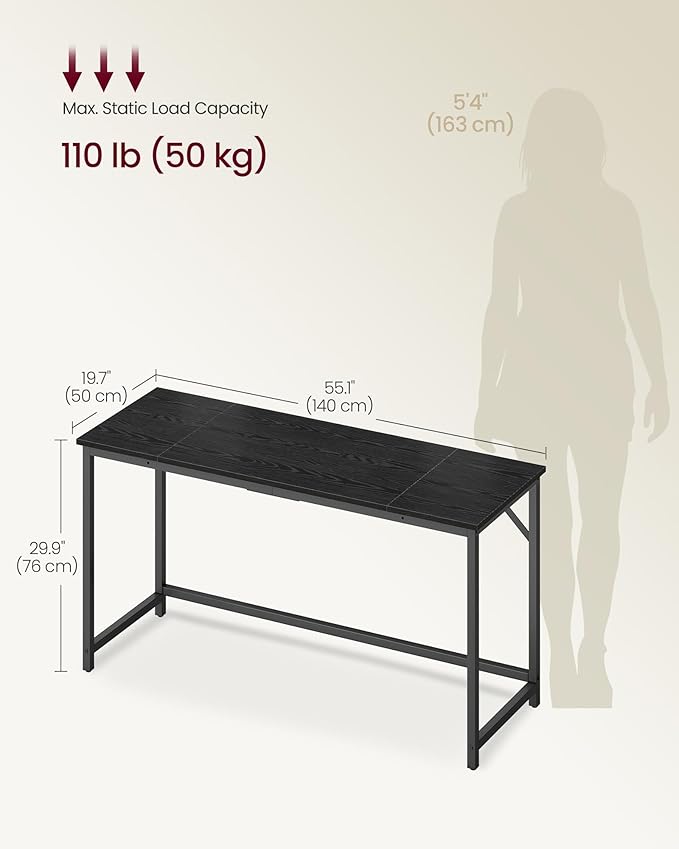 VASAGLE Computer Desk, Office Work Desk, 55.1 x 19.7 x 29.9 Inches, for Study, Bedroom, Home Office, Living Room, Ebony Black and Ink Black ULWD214B101