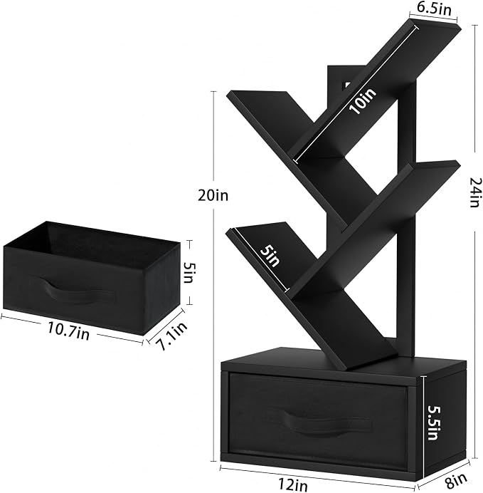 SHEEPAM Small Book Shelf with Drawer,4 Tier Black Tree Bookshelf,Wooden Desktop Bookcase,Modern Desk Display Storage Bookshelves,Floor Standing Organizer Bookcases for Living Room,Bedroom,Office