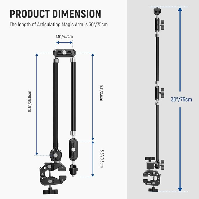 NEEWER 30" Articulating Magic Arm with Desk Super Clamp/Action Cam Mount/Phone Holder, Overhead Camera Mic Boom Stand, Compatible with GoPro iPhone DSLR Webcam Microphone Video Recording, UA056