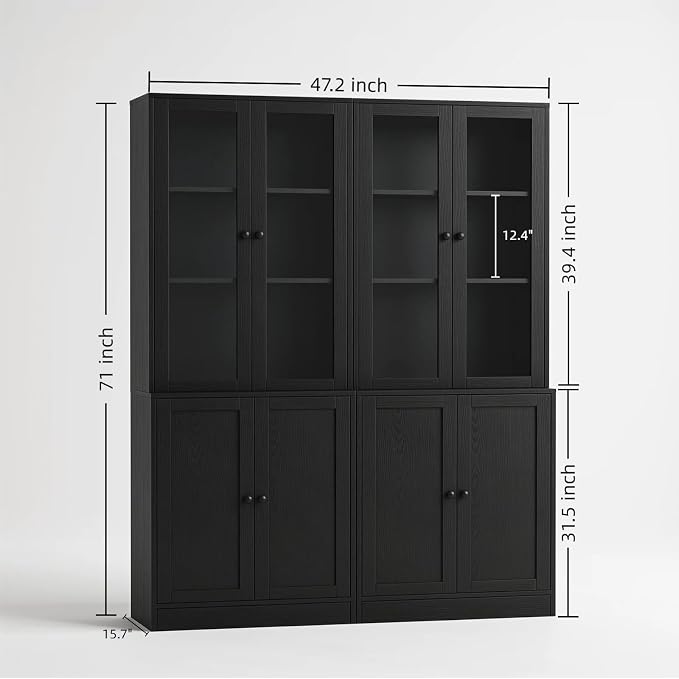 TUSY 71'' Bookshelf with Doors - 5 Tier Freestanding Tall Bookcase, Modern Storage Cabinet for Home Office, Curio Cabinets with Glass Door for Living Room, Bedroom (2, Black)