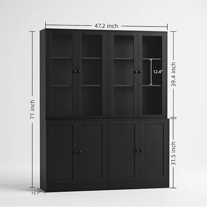 TUSY 71'' Bookshelf with Doors - 5 Tier Freestanding Tall Bookcase, Modern Storage Cabinet for Home Office, Curio Cabinets with Glass Door for Living Room, Bedroom (2, Black)