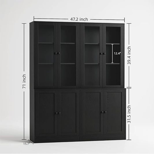 TUSY 71'' Bookshelf with Doors - 5 Tier Freestanding Tall Bookcase, Modern Storage Cabinet for Home Office, Curio Cabinets with Glass Door for Living Room, Bedroom (2, Black)