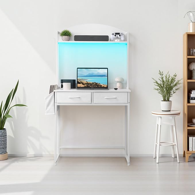 KATHY&BOB Small Home Office Study Desk - Freestanding Arched Design with Fabric Drawers & Side Bag - Modern Vanity Makeup Desk - Open Shelf & Computer Gaming Station (White)