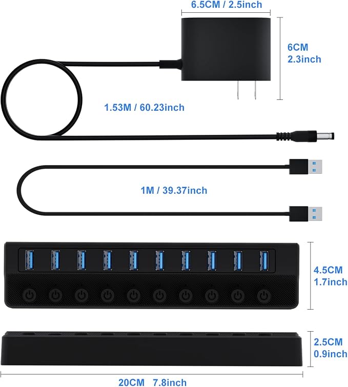ONFINIO Powered USB Hub 3.0, 10-Port USB Splitter Hub with Individual On/Off Switches and 12V/2A Power Adapter USB Extension