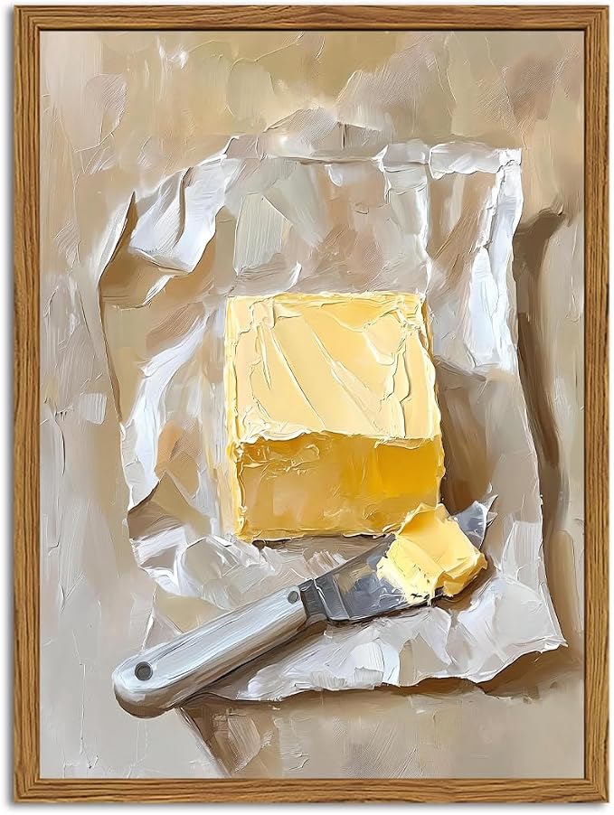 Framed Kitchen Wall Art, Vintage Butter Wall Decor Pictures, Rustic Farmhouse Food Paintings Canvas Prints for Dining Room Living Room Home Decoration 16x24 inch
