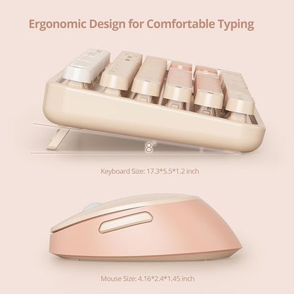 GTSP Colorful Brown Wireless Keyboard and Mouse Combo, Retro Wireless Typewriter Full-Size Cute Office Keyboard 2.4GHz with Round Keycaps for Desktop Laptop and PC (Cute Brown)