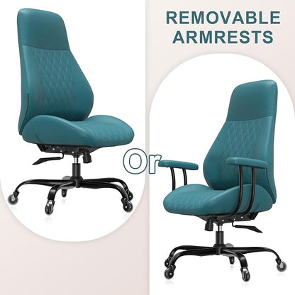 E-Ser Leather Desk Chair, Mid Century Modern Office Chair, Green | Lumbar Support, Ergonomic, 360° Swivel, Rubber Rolling Wheels, Adjustable Height, for Adults